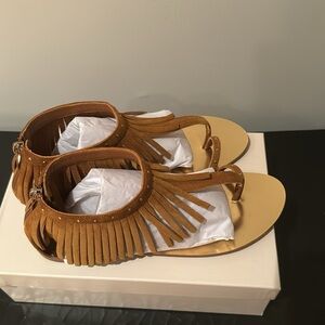 JIMMY CHOO LIKE NEW URIEL FRINGED ANKLE FLATS IN TAN SUEDE SIZE 38